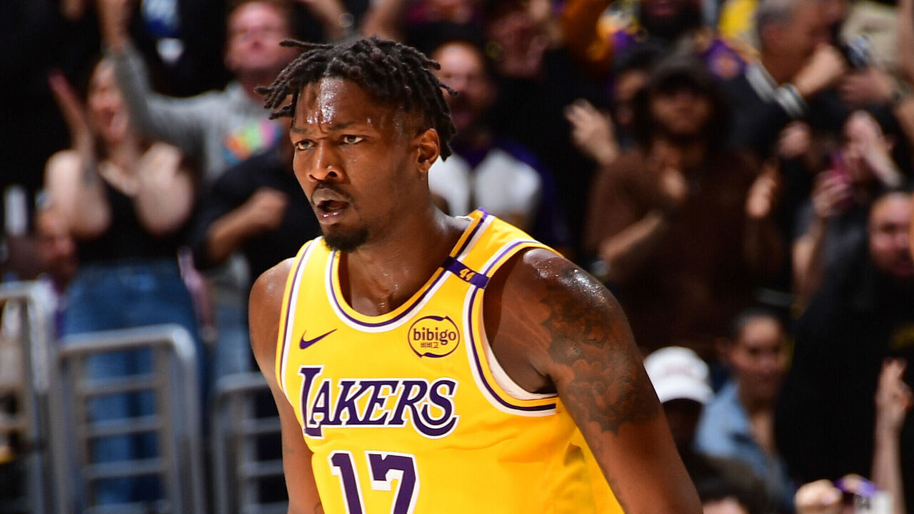 LOS ANGELES, CA - APRIL 30: Dorian Finney-Smith #17 of the Los Angeles Lakers looks on during the game against the Minnesota Timberwolves during Round One Game Five of the 2025 NBA Playoffs on April 30, 2025 at Crypto.Com Arena in Los Angeles, California. NOTE TO USER: User expressly acknowledges and agrees that, by downloading and/or using this Photograph, user is consenting to the terms and conditions of the Getty Images License Agreement. Mandatory Copyright Notice: Copyright 2025 NBAE