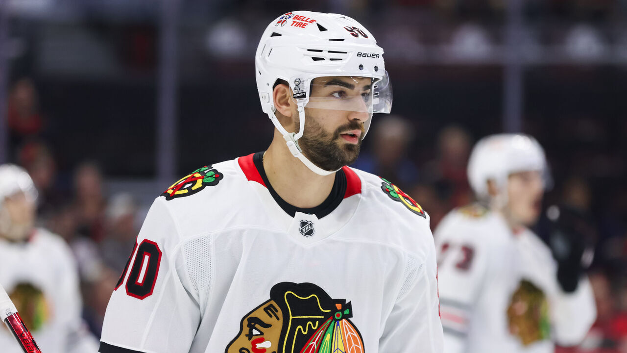 OTTAWA, ON - APRIL 15: Chicago Blackhawks center Joe Veleno (90) after a whistle during first period National Hockey League action between the Chicago Blackhawks and Ottawa Senators on April 15, 2025, at Canadian Tire Centre in Ottawa, ON, Canada.