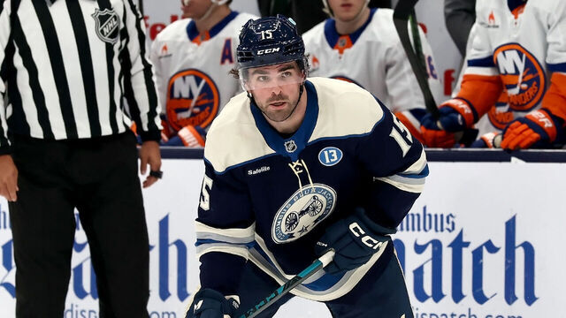 COLUMBUS, OHIO - APRIL 17: Dante Fabbro #15 of the Columbus Blue Jackets controls the puck during the game against the New York Islanders at Nationwide Arena on April 17, 2025 in Columbus, Ohio. Columbus defeated New York 6-1.