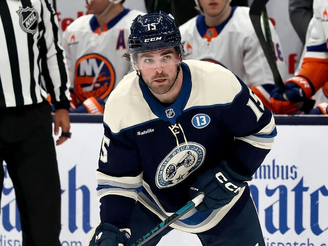 COLUMBUS, OHIO - APRIL 17: Dante Fabbro #15 of the Columbus Blue Jackets controls the puck during the game against the New York Islanders at Nationwide Arena on April 17, 2025 in Columbus, Ohio. Columbus defeated New York 6-1.