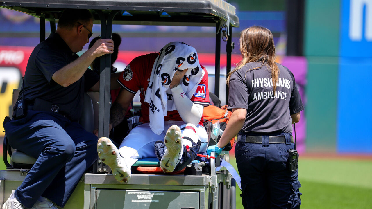 CLEVELAND, OH - JUNE 29: Cleveland Guardians shortstop Gabriel Arias (13) leaves the field on a cart after injuring his lower leg making a play on a ground ball off the bat of St. Louis Cardinals shortstop Masyn Winn (0) (not pictured) during the third inning of the Major League Baseball Interleague game between the St. Louis Cardinals and Cleveland Guardians on June 29, 2025, at Progressive Field in Cleveland, OH.
