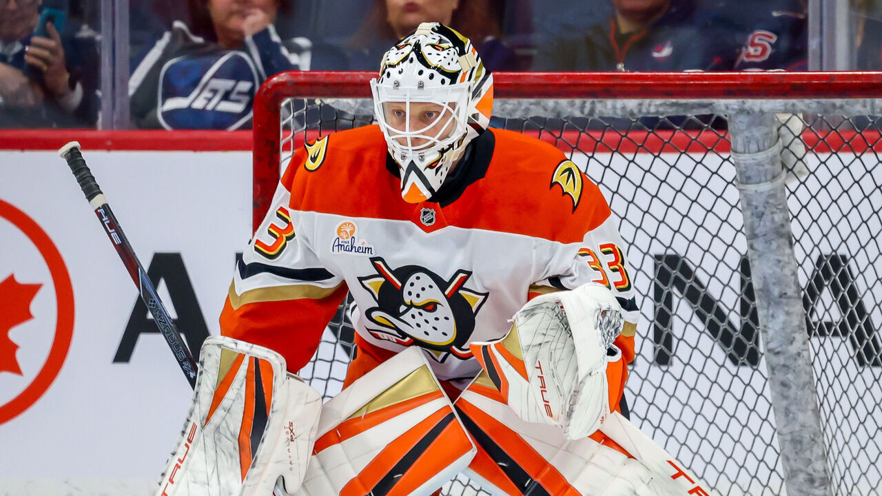 WINNIPEG, CANADA - APRIL 16: Goaltender Ville Husso #33 of the Anaheim Ducks takes part in the pre-game warm up prior to NHL action against the Winnipeg Jets at Canada Life Centre on April 16, 2025 in Winnipeg, Manitoba, Canada.