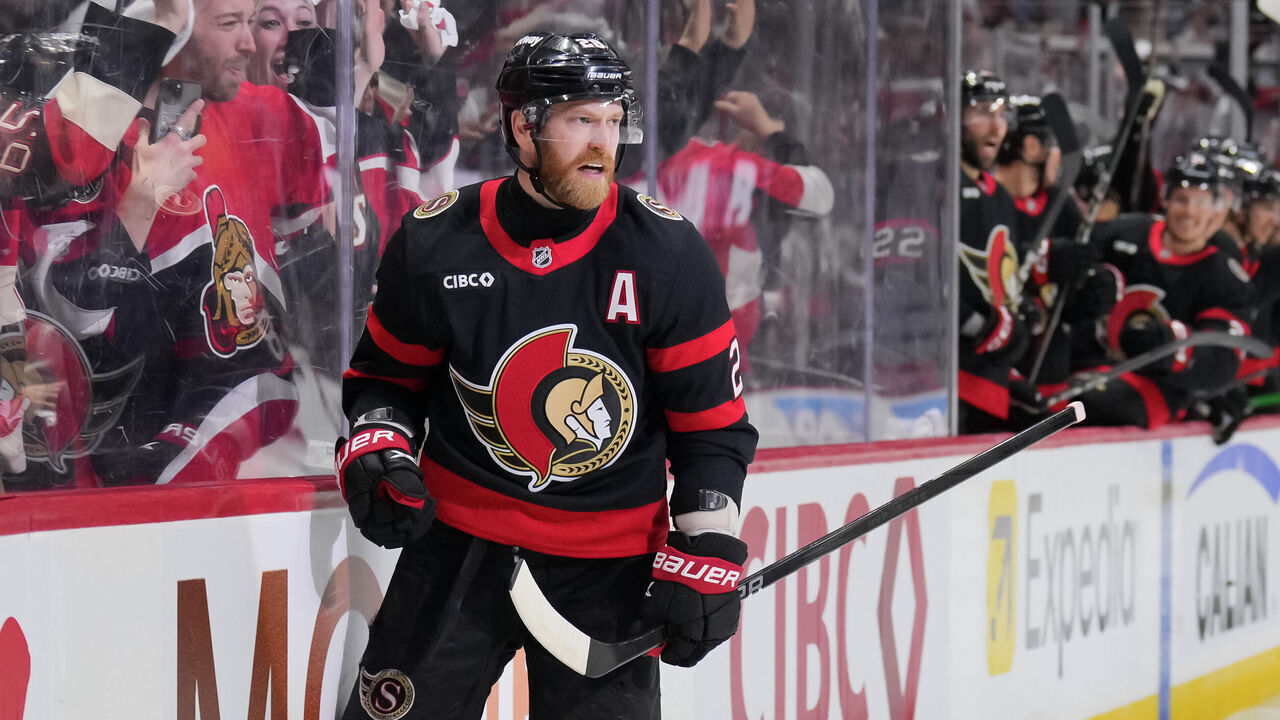 OTTAWA, CANADA - APRIL 24: Claude Giroux #28 of the Ottawa Senators celebrates his goal against the Toronto Maple Leafs during the second period of Game Three of the First Round of the 2025 Stanley Cup Playoffs at Canadian Tire Centre on April 24, 2025 in Ottawa, Ontario, Canada.