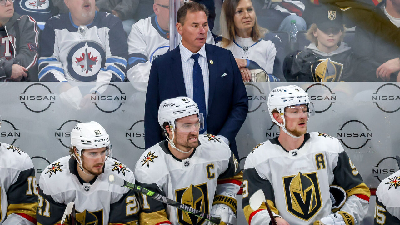 WINNIPEG, CANADA - DECEMBER 12: Head Coach Bruce Cassidy of the Vegas Golden Knights looks on from the bench during third period action against the Winnipeg Jets at the Canada Life Centre on December 12, 2024 in Winnipeg, Manitoba, Canada.