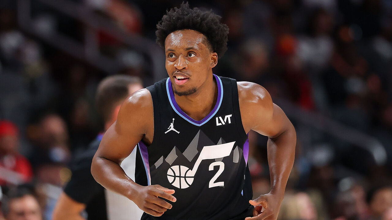 ATLANTA, GEORGIA - APRIL 06: Collin Sexton #2 of the Utah Jazz reacts after a three-point basket against the Atlanta Hawks during the second quarter at State Farm Arena on April 06, 2025 in Atlanta, Georgia.