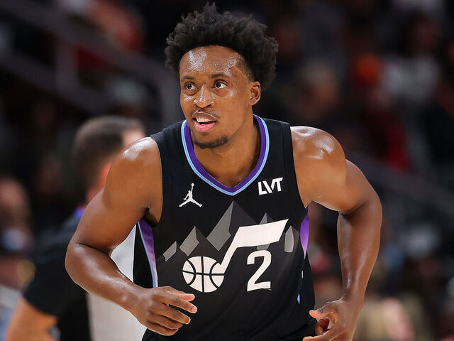 ATLANTA, GEORGIA - APRIL 06: Collin Sexton #2 of the Utah Jazz reacts after a three-point basket against the Atlanta Hawks during the second quarter at State Farm Arena on April 06, 2025 in Atlanta, Georgia.
