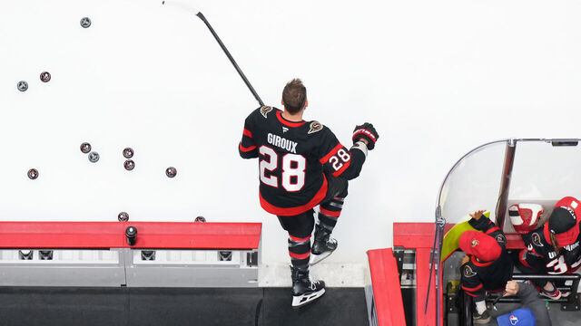OTTAWA, CANADA - MAY 1: Claude Giroux #28 of the Ottawa Senators hits the ice for warmup before Game Six of the First Round of the 2025 Stanley Cup Playoffs against the Toronto Maple Leafs at Canadian Tire Centre on May 1, 2025 in Ottawa, Ontario, Canada.