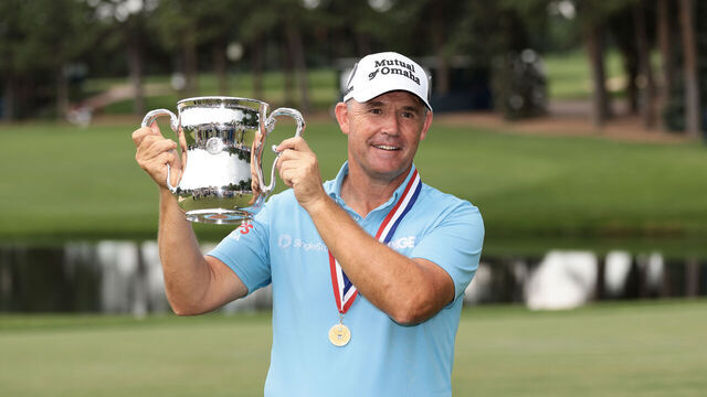 COLORADO SPRINGS, COLORADO - JUNE 29: Padraig Harrington of Ireland poses for a photo with the Francis D. Ouimet Memorial Trophy after winning the U.S. Senior Open Championship 2025 at Broadmoor Golf Club on June 29, 2025 in Colorado Springs, Colorado.