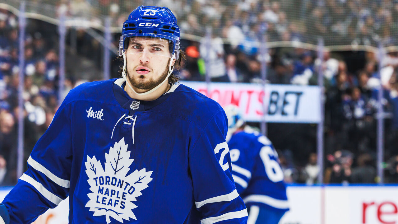 TORONTO, ON - May 18: Toronto Maple Leafs left wing Matthew Knies (23) is seen before game 7 of the Eastern Conference Playoffs between the Florida Panthers and Toronto Maple Leafs on May 18, 2025, at Scotiabank Arena in Toronto, ON.