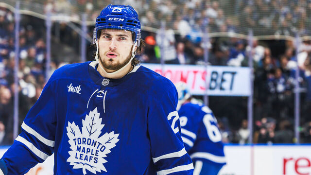 TORONTO, ON - May 18: Toronto Maple Leafs left wing Matthew Knies (23) is seen before game 7 of the Eastern Conference Playoffs between the Florida Panthers and Toronto Maple Leafs on May 18, 2025, at Scotiabank Arena in Toronto, ON.