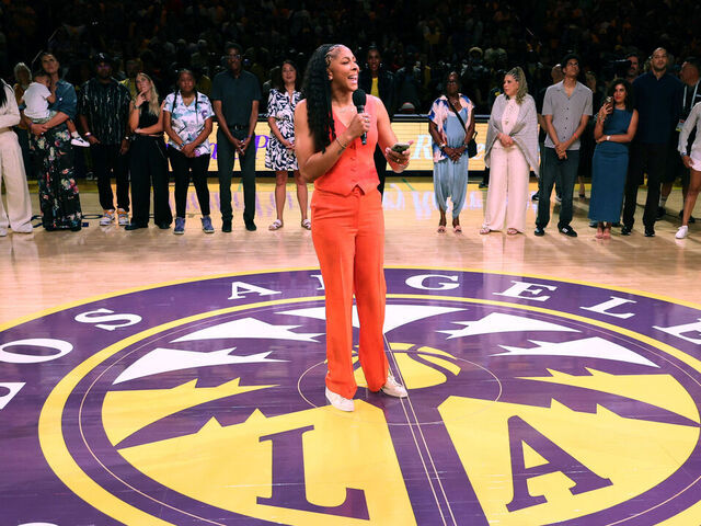 LOS ANGELES, CALIFORNIA - JUNE 29: Candace Parker speaks during her jersey retirement ceremony during half time of the game between the Chicago Sky and the Los Angeles Sparks at Crypto.com Arena on June 29, 2025 in Los Angeles, California.