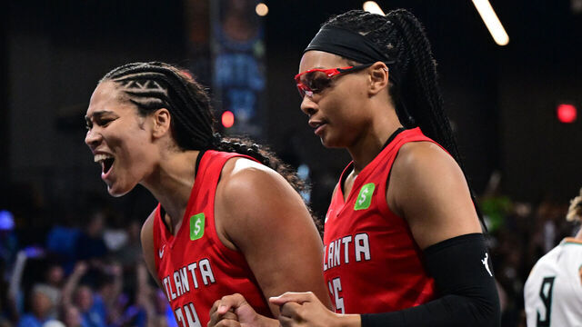 ATLANTA, GA - JUNE 29: Brionna Jones #24 and Allisha Gray #15 of the Atlanta Dream celebrate during the game against the New York Liberty on June 29, 2025 at Gateway Center Arena at College Park in Atlanta, Georgia. Mandatory Copyright Notice: Copyright 2025 NBAE