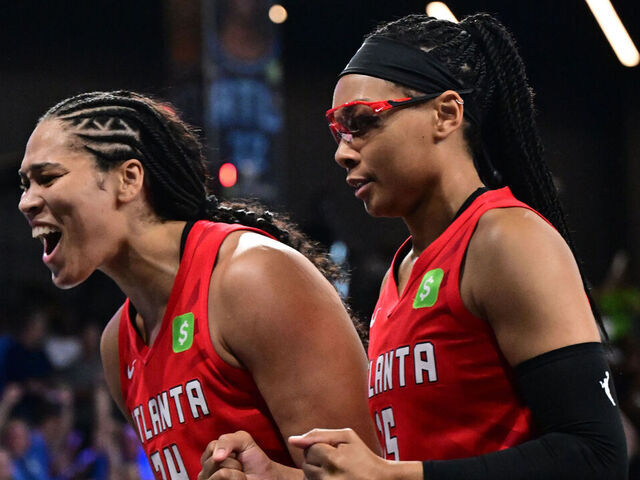 ATLANTA, GA - JUNE 29: Brionna Jones #24 and Allisha Gray #15 of the Atlanta Dream celebrate during the game against the New York Liberty on June 29, 2025 at Gateway Center Arena at College Park in Atlanta, Georgia. Mandatory Copyright Notice: Copyright 2025 NBAE