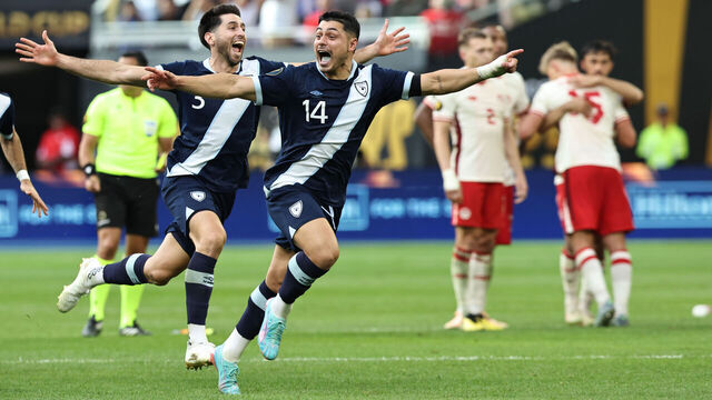 MINNEAPOLIS, MINNESOTA - JUNE 29: Darwin Lom #14 of Guatemala celebrates after defeating Canada in penalty kicks during the Gold Cup 2025 Quarter Finals match between Guatemala and Canada at U.S. Bank Stadium on June 29, 2025 in Minneapolis, Minnesota.