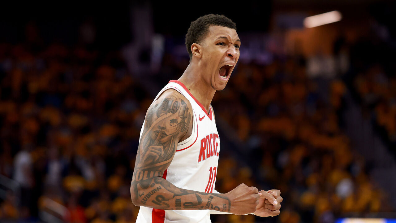 SAN FRANCISCO, CALIFORNIA - APRIL 28: Jabari Smith Jr. #10 of the Houston Rockets celebrates a basket against the Golden State Warriors during the third quarter in Game Four of the Western Conference First Round NBA Playoffs at Chase Center on April 28, 2025 in San Francisco, California.