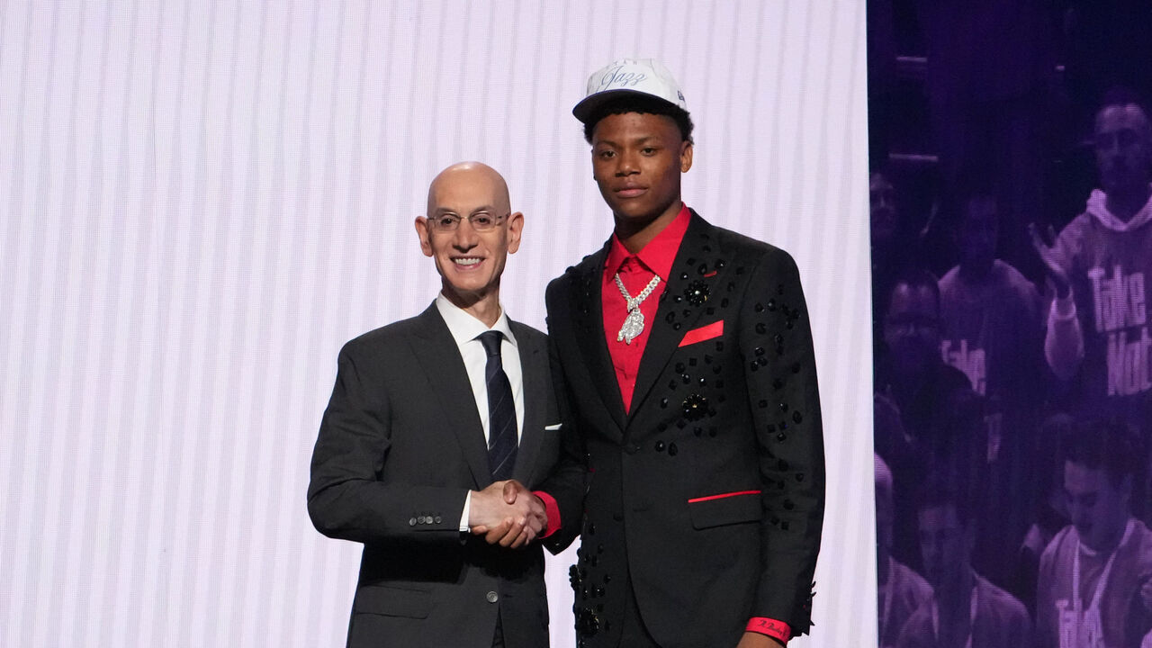 BROOKLYN, NY - JUNE 25: Adam Silver poses with Ace Bailey after he was drafted fifth overall by the Utah Jazz during the 2025 NBA Draft - Round One on June 25, 2025 at Barclays Center in Brooklyn, New York. Mandatory Copyright Notice: Copyright 2025 NBAE