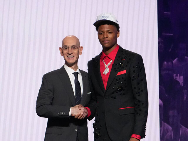 BROOKLYN, NY - JUNE 25: Adam Silver poses with Ace Bailey after he was drafted fifth overall by the Utah Jazz during the 2025 NBA Draft - Round One on June 25, 2025 at Barclays Center in Brooklyn, New York. Mandatory Copyright Notice: Copyright 2025 NBAE