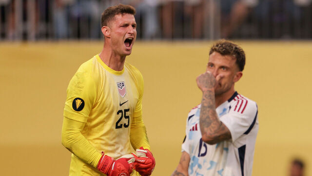 MINNEAPOLIS, MINNESOTA - JUNE 29: Matthew Freese #25 of United States celebrates after making a save during the penalty shootout against Costa Rica in the Gold Cup 2025 Quarterfinals at U.S. Bank Stadium on June 29, 2025 in Minneapolis, Minnesota.