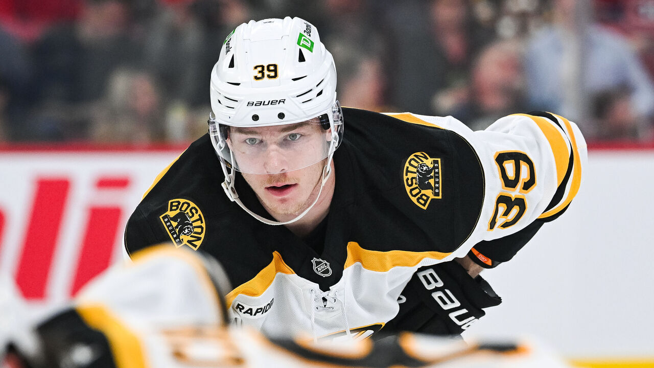 MONTREAL, QC - APRIL 03: Boston Bruins center Morgan Geekie (39) waits for a face-off during the Boston Bruins versus the Montreal Canadiens game on April 03, 2025, at Bell Centre in Montreal, QC