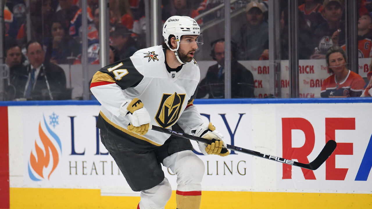EDMONTON, CANADA - MAY 10: Nicolas Hague #14 of the Vegas Golden Knights in action during Game Three of the Second Round of the 2025 Stanley Cup Playoffs against the Edmonton Oilers at Rogers Place on May 10, 2025, in Edmonton, Alberta, Canada.
