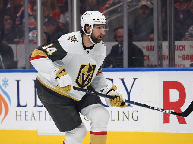 EDMONTON, CANADA - MAY 10: Nicolas Hague #14 of the Vegas Golden Knights in action during Game Three of the Second Round of the 2025 Stanley Cup Playoffs against the Edmonton Oilers at Rogers Place on May 10, 2025, in Edmonton, Alberta, Canada.