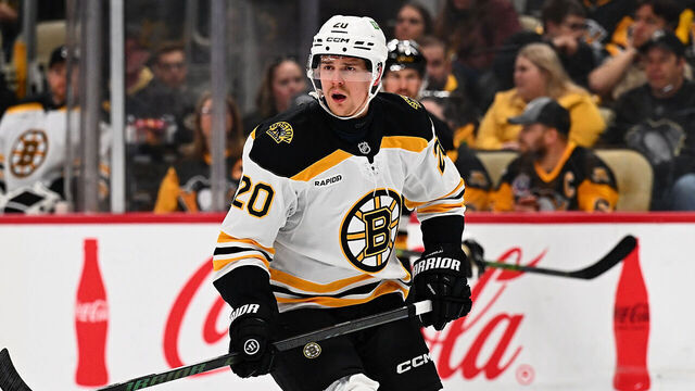 PITTSBURGH, PA - APRIL 13: Henri Jokiharju #20 of the Boston Bruins skates during the game against the Pittsburgh Penguins at PPG PAINTS Arena on April 13, 2025 in Pittsburgh, Pennsylvania.