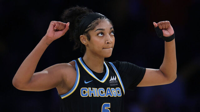 LOS ANGELES, CALIFORNIA - JUNE 29: Angel Reese #5 of the Chicago Sky celebrates a 92-85 win over the Los Angeles Sparks at Crypto.com Arena on June 29, 2025 in Los Angeles, California.