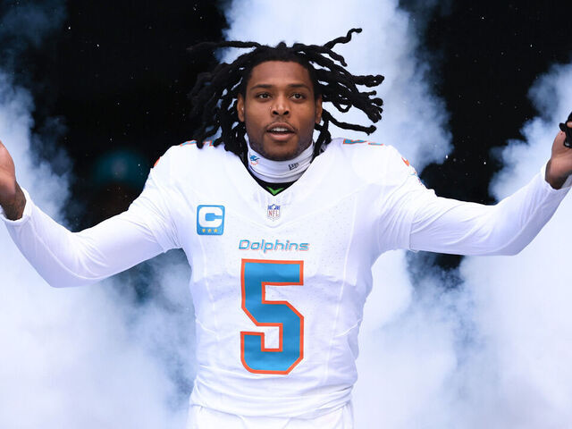 MIAMI GARDENS, FLORIDA - DECEMBER 08: Jalen Ramsey #5 of the Miami Dolphins is introduced prior to a game against the New York Jets at Hard Rock Stadium on December 08, 2024 in Miami Gardens, Florida.