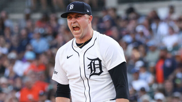 DETROIT, MI - JUNE 29: Detroit Tigers pitcher Tarik Skubal (29) reacts after striking out Minnesota Twins shortstop Carlos Correa (not pictured) to end the first inning of a regular season Major League Baseball game between the Minnesota Twins and the Detroit Tigers on June 29, 2025 at Comerica Park in Detroit, Michigan.