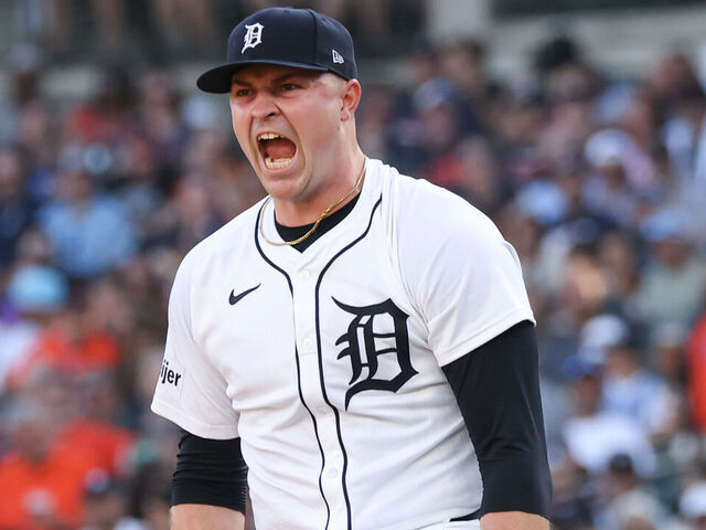 DETROIT, MI - JUNE 29: Detroit Tigers pitcher Tarik Skubal (29) reacts after striking out Minnesota Twins shortstop Carlos Correa (not pictured) to end the first inning of a regular season Major League Baseball game between the Minnesota Twins and the Detroit Tigers on June 29, 2025 at Comerica Park in Detroit, Michigan.