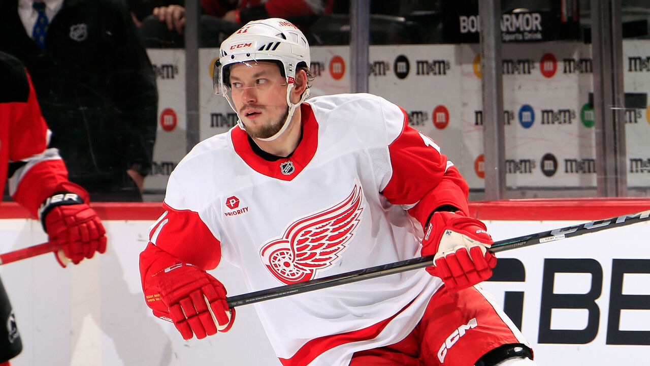 NEWARK, NEW JERSEY - APRIL 16: Vladimir Tarasenko #11 of the Detroit Red Wings skates against the New Jersey Devils at Prudential Center on April 16, 2025 in Newark, New Jersey.