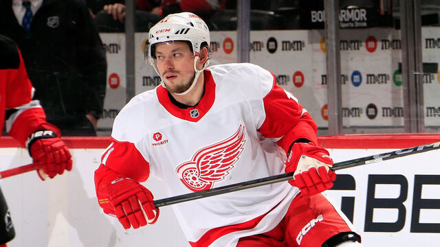 NEWARK, NEW JERSEY - APRIL 16: Vladimir Tarasenko #11 of the Detroit Red Wings skates against the New Jersey Devils at Prudential Center on April 16, 2025 in Newark, New Jersey.