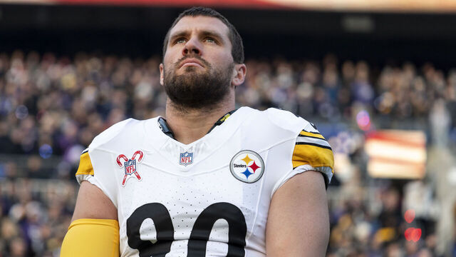 BALTIMORE, MARYLAND - DECEMBER 21: T.J. Watt #90 of the Pittsburgh Steelers looks on during the national anthem prior to an NFL Football game against the Baltimore Ravens at M&T Bank Stadium on December 21, 2024 in Baltimore, Maryland.