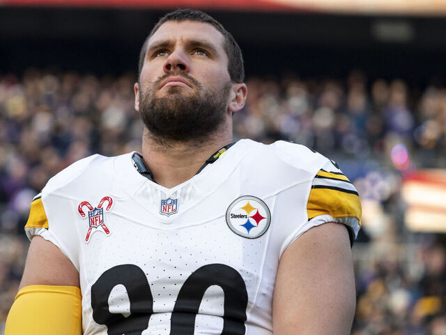 BALTIMORE, MARYLAND - DECEMBER 21: T.J. Watt #90 of the Pittsburgh Steelers looks on during the national anthem prior to an NFL Football game against the Baltimore Ravens at M&T Bank Stadium on December 21, 2024 in Baltimore, Maryland.