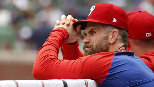 ATLANTA, GA - JUNE 29: Philadelphia Phillies 1st baseman Bryce Harper #3 who is currently on the IL looks on from the dugout during the MLB game between the Philadelphia Phillies and the Atlanta Braves on June 29, 2025 at TRUIST Park in Atlanta, GA.