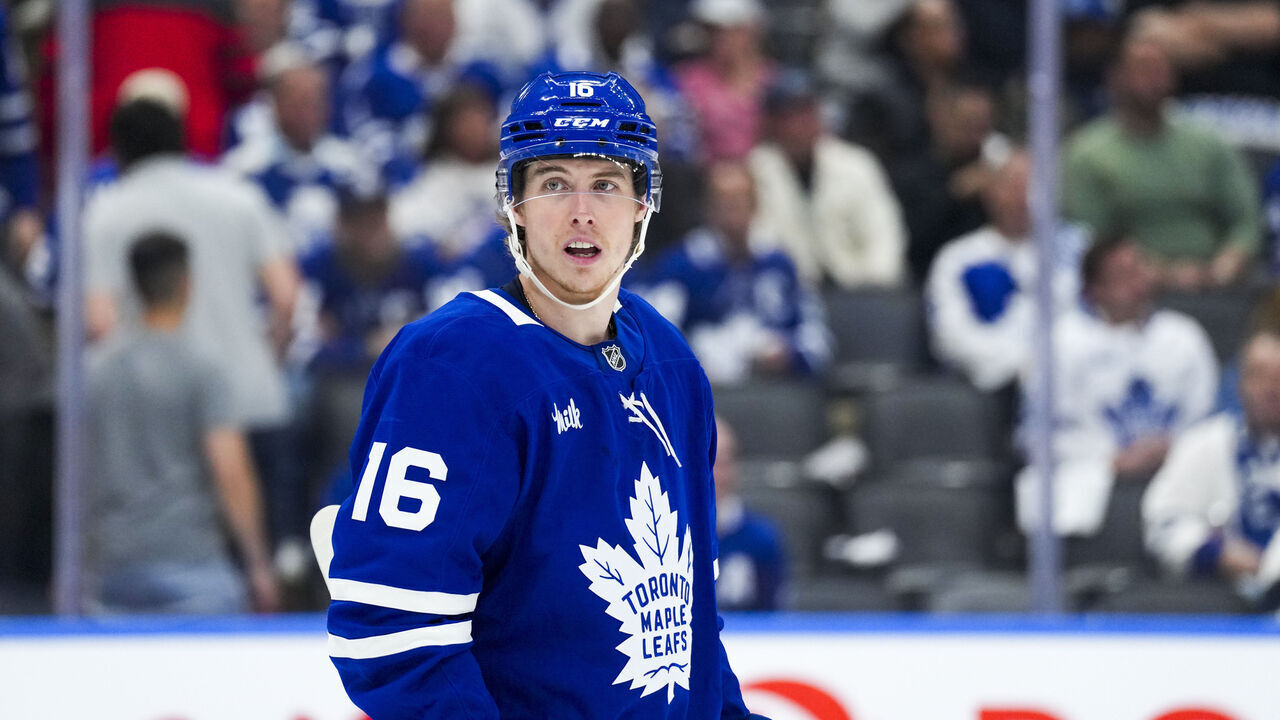 TORONTO, ON - MAY 14: Mitch Marner #16 of the Toronto Maple Leafs looks on against the Florida Panthers during Game Five of the Second Round of the 2025 Stanley Cup Playoffs at the Scotiabank Arena on May 14, 2025 in Toronto, Ontario, Canada.