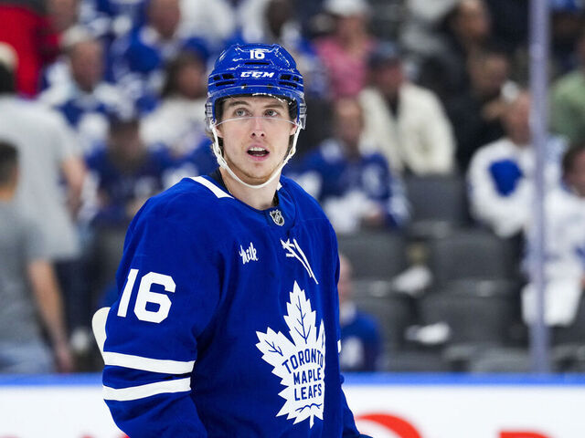 TORONTO, ON - MAY 14: Mitch Marner #16 of the Toronto Maple Leafs looks on against the Florida Panthers during Game Five of the Second Round of the 2025 Stanley Cup Playoffs at the Scotiabank Arena on May 14, 2025 in Toronto, Ontario, Canada.
