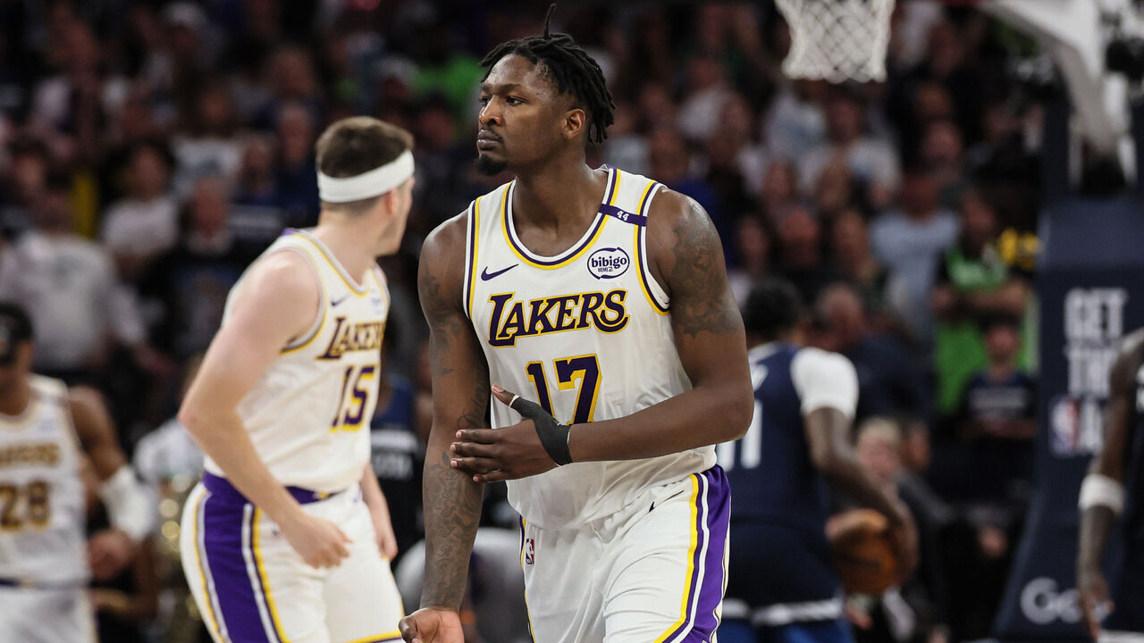 Minneapolis, Minnesota, Sunday, April 27, 2025 - Los Angeles Lakers forward Dorian Finney-Smith (17) celebrates after making a three-pointer against the Minnesota Timberwolves in game four of the NBA playoffs, at the Target Center. (Robert Gauthier/Los Angeles Times via Getty Images)