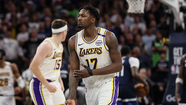 Minneapolis, Minnesota, Sunday, April 27, 2025 - Los Angeles Lakers forward Dorian Finney-Smith (17) celebrates after making a three-pointer against the Minnesota Timberwolves in game four of the NBA playoffs, at the Target Center. (Robert Gauthier/Los Angeles Times via Getty Images)