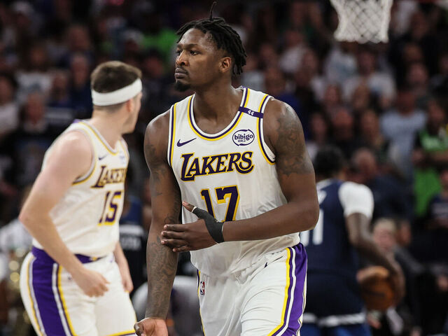 Minneapolis, Minnesota, Sunday, April 27, 2025 - Los Angeles Lakers forward Dorian Finney-Smith (17) celebrates after making a three-pointer against the Minnesota Timberwolves in game four of the NBA playoffs, at the Target Center. (Robert Gauthier/Los Angeles Times via Getty Images)