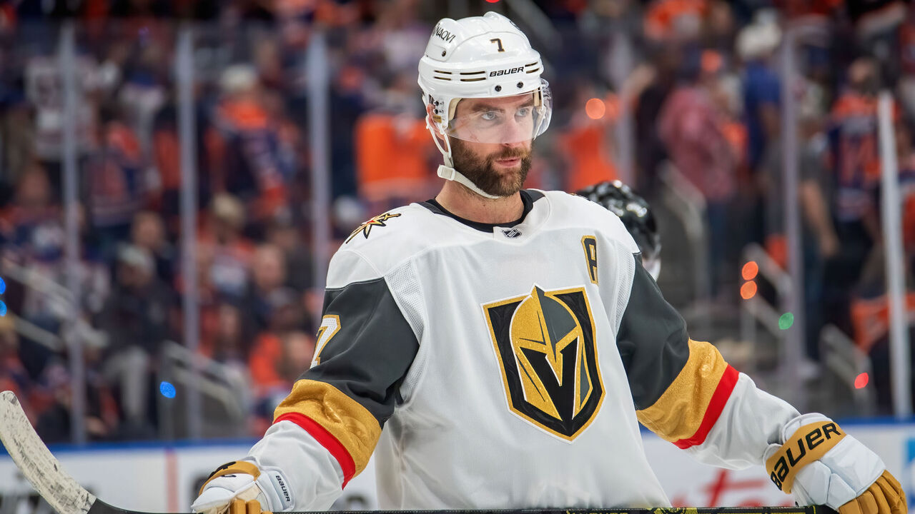 EDMONTON, CANADA - MAY 12: Alex Pietrangelo #7 of the Vegas Golden Knights in action during Game Four of the Second Round of the 2025 Stanley Cup Playoffs against the Edmonton Oilers at Rogers Place on May 12, 2025, in Edmonton, Alberta, Canada.