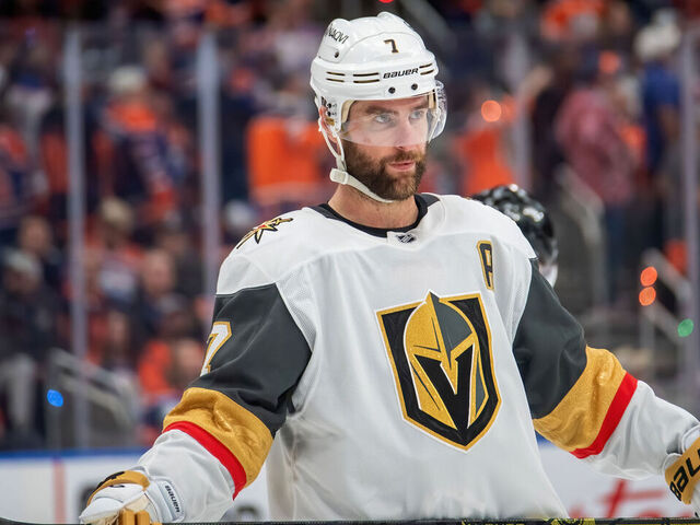 EDMONTON, CANADA - MAY 12: Alex Pietrangelo #7 of the Vegas Golden Knights in action during Game Four of the Second Round of the 2025 Stanley Cup Playoffs against the Edmonton Oilers at Rogers Place on May 12, 2025, in Edmonton, Alberta, Canada.