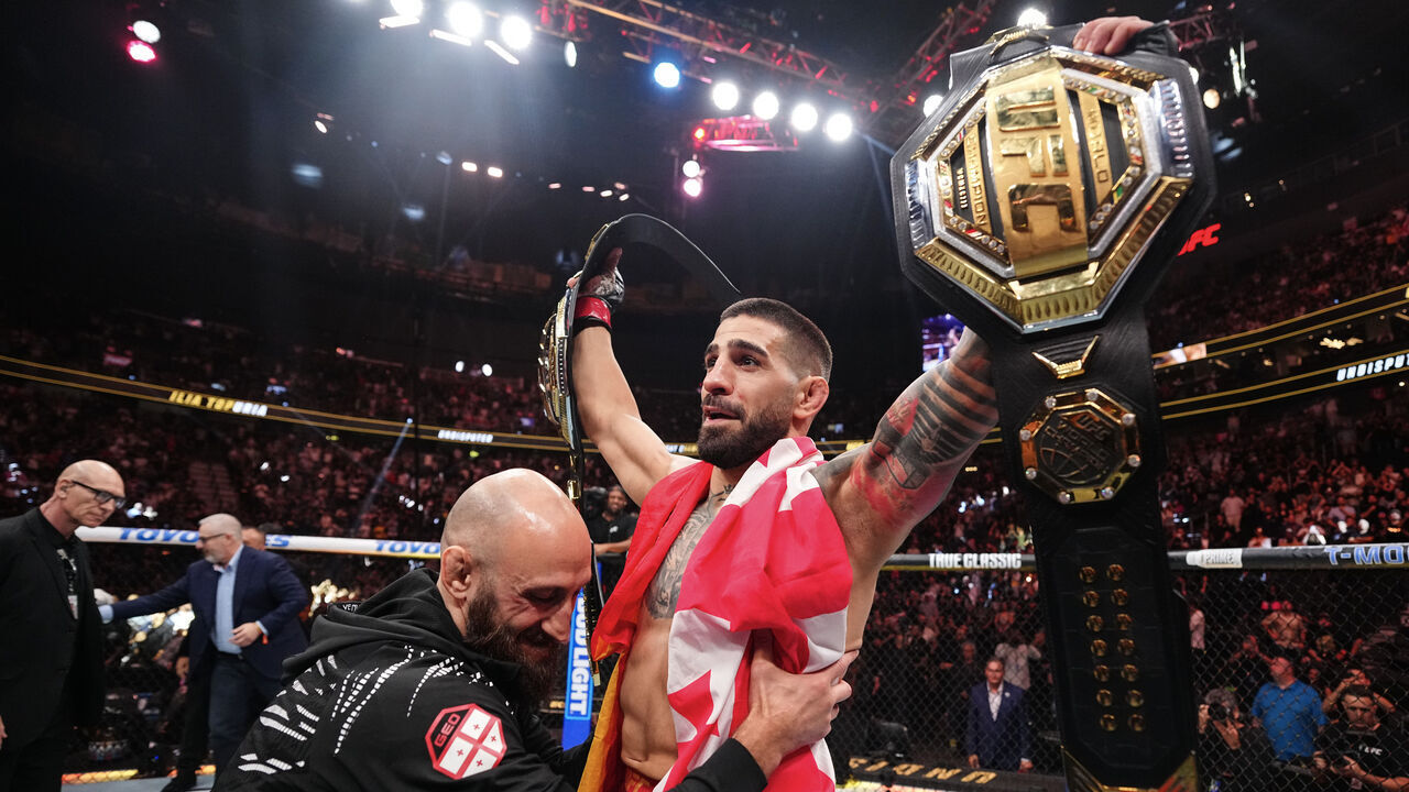 LAS VEGAS, NEVADA - JUNE 28: Ilia Topuria of Spain reacts to his win over Charles Oliveira of Brazil in the UFC lightweight championship bout during the UFC 317 event at T-Mobile Arena on June 28, 2025 in Las Vegas, Nevada.