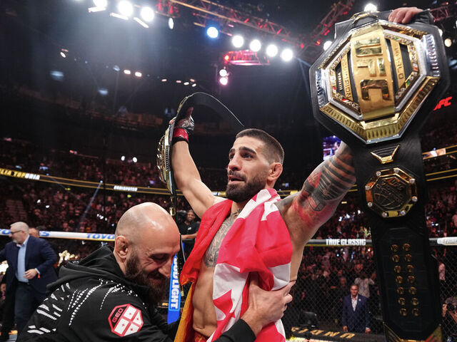 LAS VEGAS, NEVADA - JUNE 28: Ilia Topuria of Spain reacts to his win over Charles Oliveira of Brazil in the UFC lightweight championship bout during the UFC 317 event at T-Mobile Arena on June 28, 2025 in Las Vegas, Nevada.
