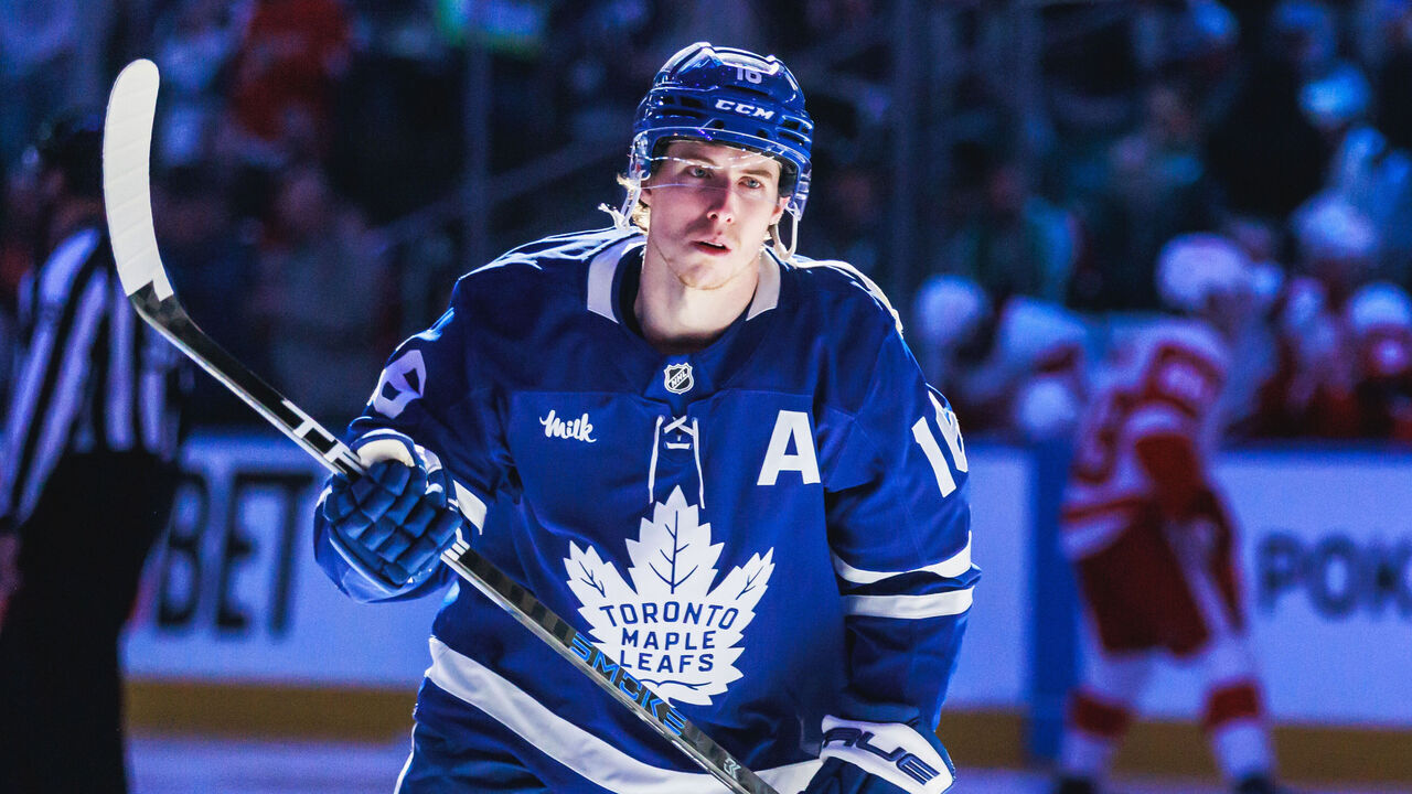 TORONTO, ON - April 17: Toronto Maple Leafs right wing Mitch Marner (16) is seen before an NHL game between the Detroit Red Wings and the Toronto Maple Leafs on April 17, 2025, at Scotiabank Arena in Toronto, ON.