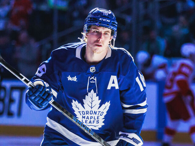 TORONTO, ON - April 17: Toronto Maple Leafs right wing Mitch Marner (16) is seen before an NHL game between the Detroit Red Wings and the Toronto Maple Leafs on April 17, 2025, at Scotiabank Arena in Toronto, ON.