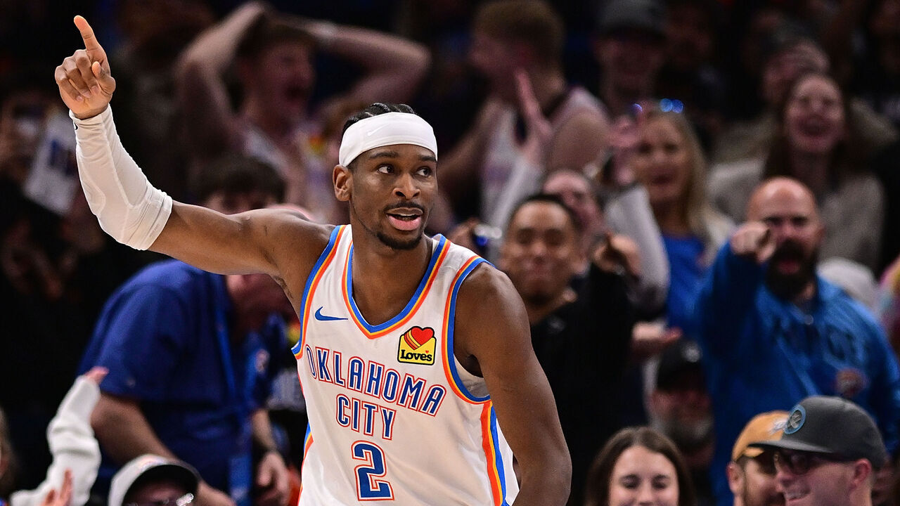 OKLAHOMA CITY, OKLAHOMA - FEBRUARY 5: Shai Gilgeous-Alexander #2 of the Oklahoma City Thunder celebrates after scoring during the second half against the Phoenix Suns at Paycom Center on February 5, 2025 in Oklahoma City, Oklahoma.