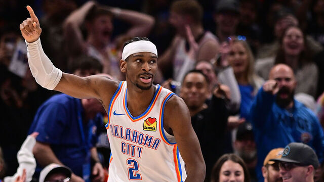 OKLAHOMA CITY, OKLAHOMA - FEBRUARY 5: Shai Gilgeous-Alexander #2 of the Oklahoma City Thunder celebrates after scoring during the second half against the Phoenix Suns at Paycom Center on February 5, 2025 in Oklahoma City, Oklahoma.