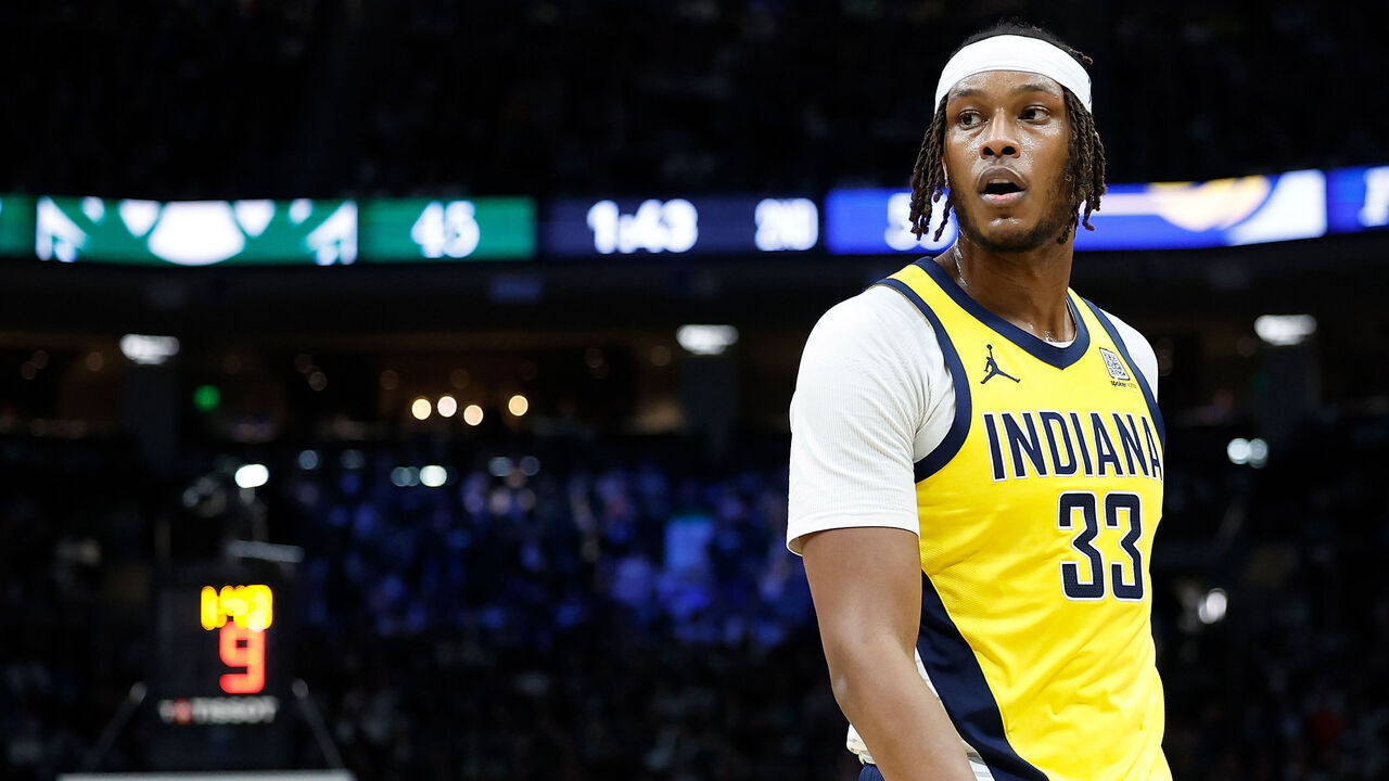 MILWAUKEE, WISCONSIN - APRIL 25: Myles Turner #33 of the Indiana Pacers during game three of the first round of the 2025 NBA playoffs against the Milwaukee Bucks at Fiserv Forum on April 25, 2025 in Milwaukee, Wisconsin.