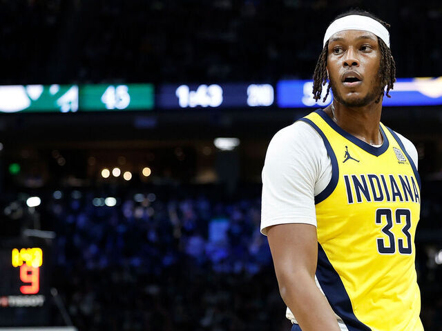 MILWAUKEE, WISCONSIN - APRIL 25: Myles Turner #33 of the Indiana Pacers during game three of the first round of the 2025 NBA playoffs against the Milwaukee Bucks at Fiserv Forum on April 25, 2025 in Milwaukee, Wisconsin.